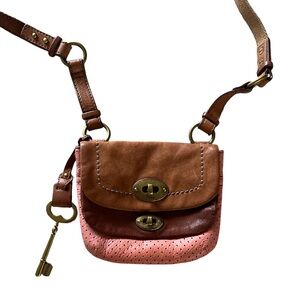 FOSSIL Mason Pink/Brown Leather Crossbody Multi Flap